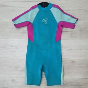 Short-Sleeve 2mm Kids Teal & Pink Rashguard Swimsuit with Back Zip
